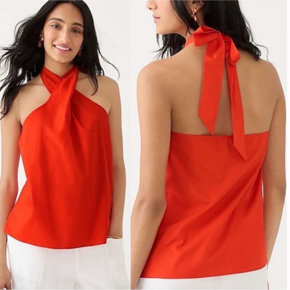 J. CREW vivid flame red organic cotton poplin halter top  XS NEW